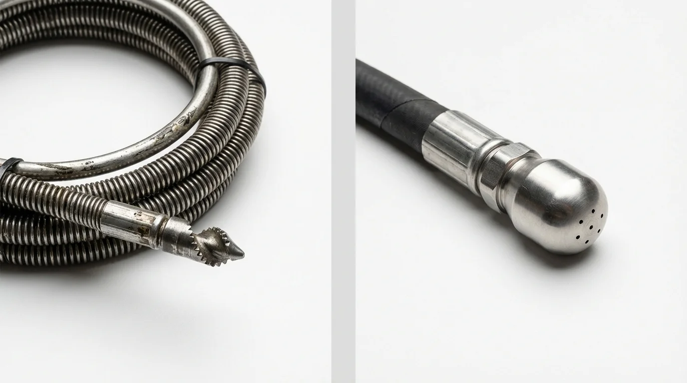 Drain snake cable and hydro jetting nozzle used for drain cleaning in Hillsboro, KS