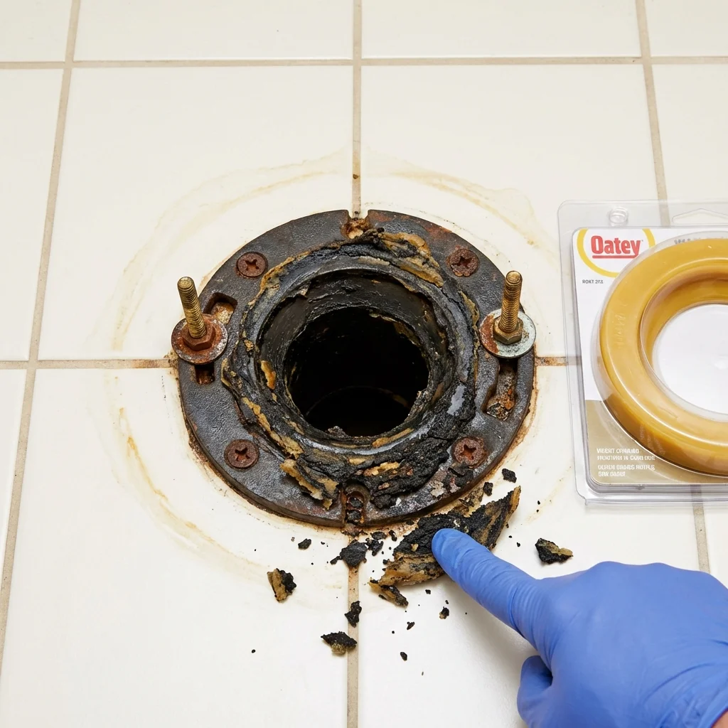 Failed wax ring showing water seepage at the base of a toilet in a Hillsboro, KS home