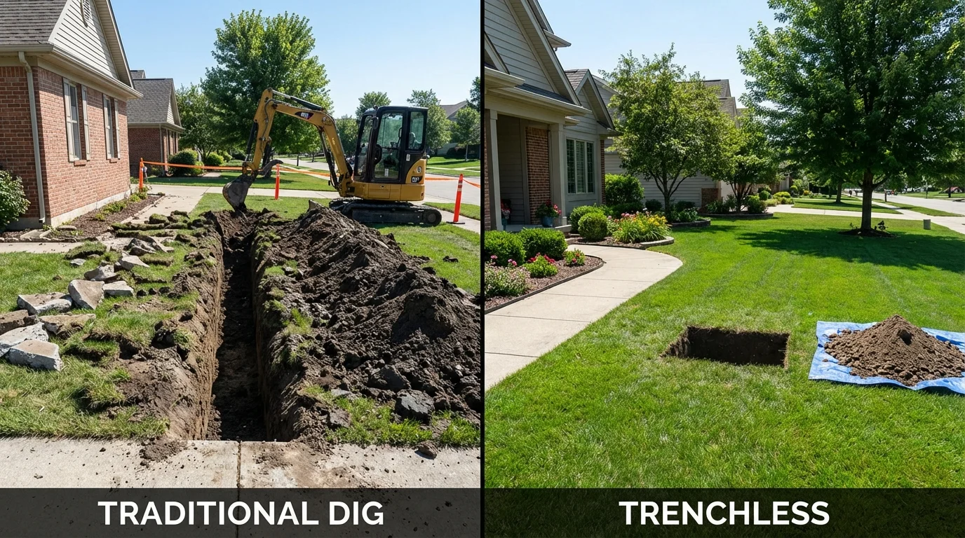 Trenchless sewer repair with minimal yard damage versus traditional excavation in Hillsboro, KS