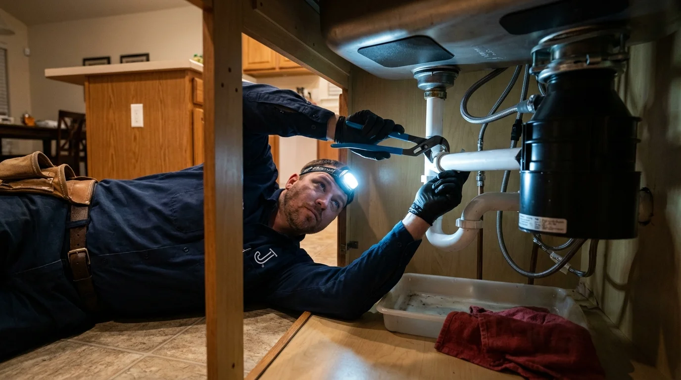 P-trap and supply line connections under a kitchen sink showing a common leak point in Hillsboro, KS